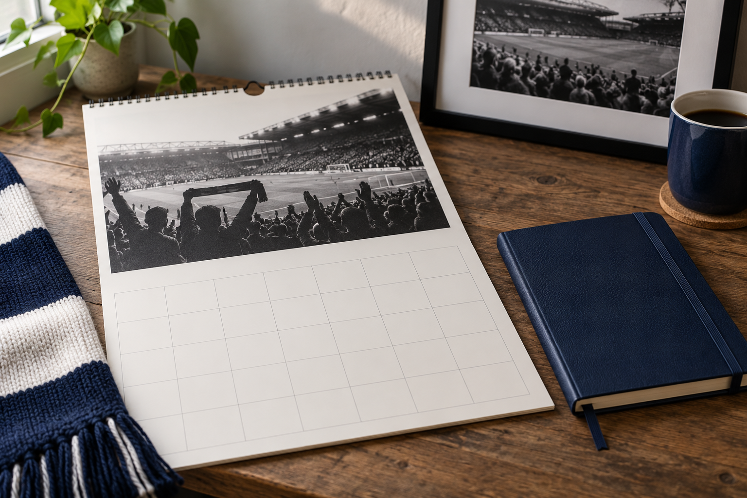 Football calendar and notebook beside a match ball