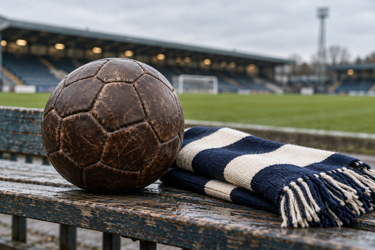 Leather football beside a navy and cream supporter scarf